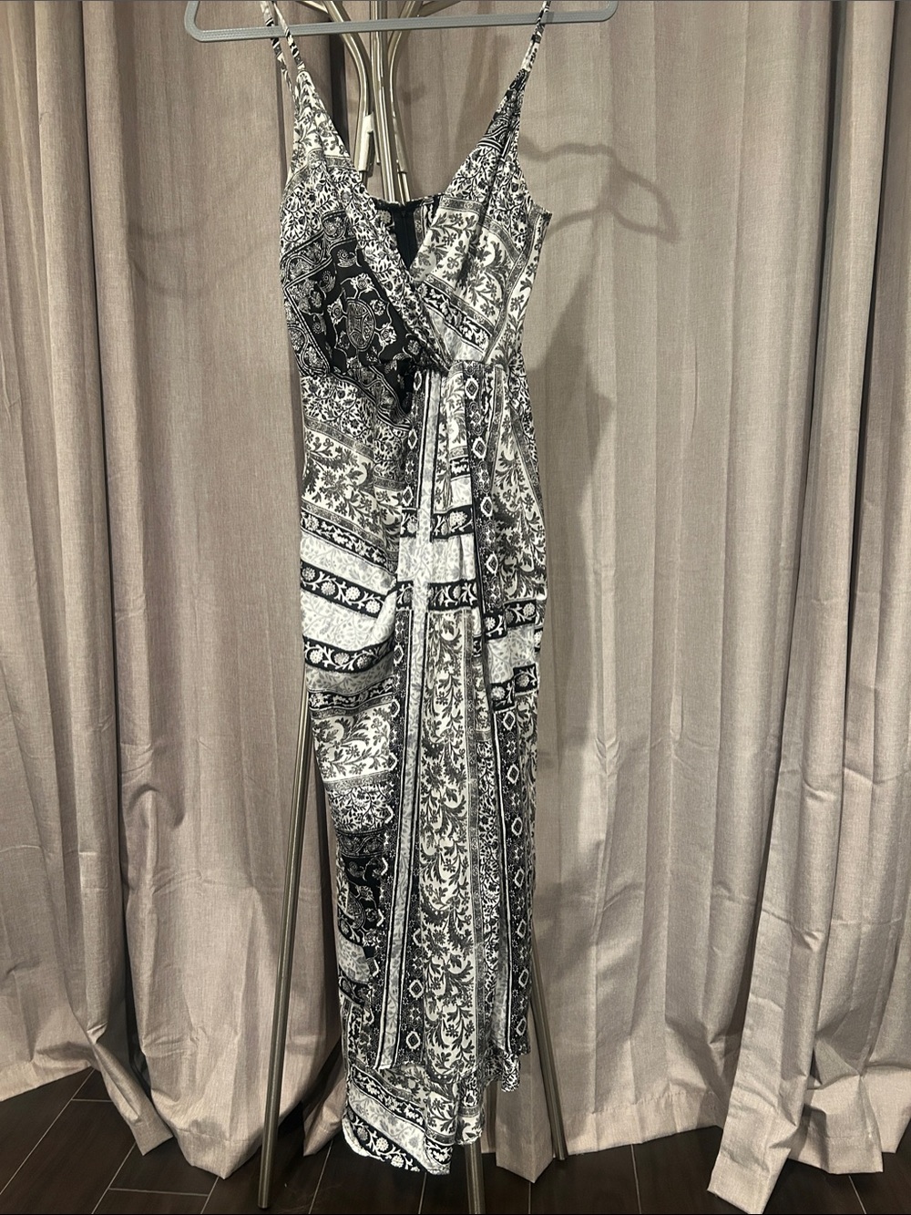 Black & White Paisley Wrap Maxi Dress with Spaghetti Straps